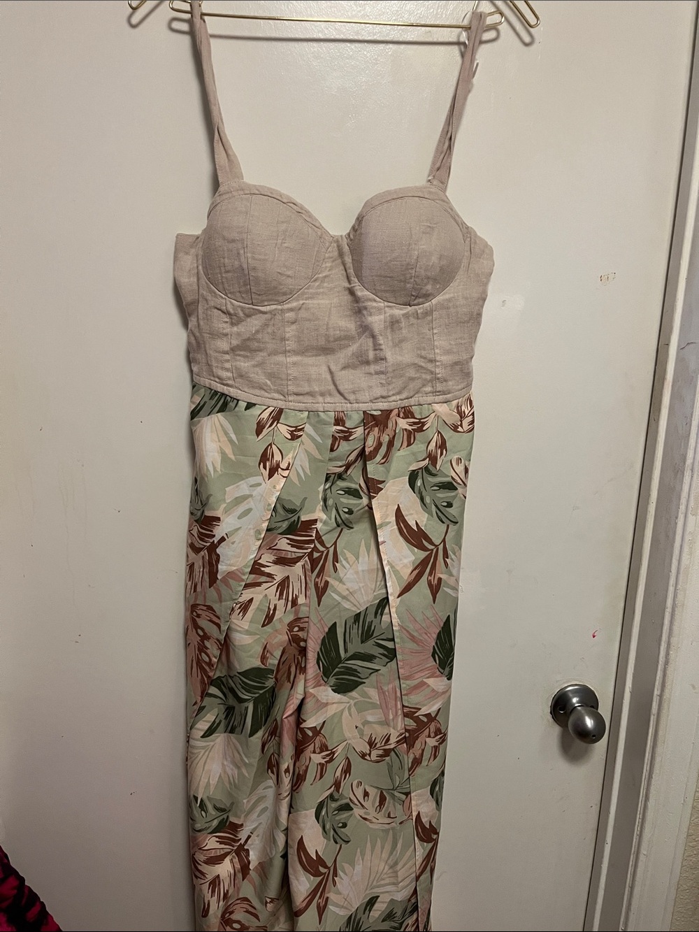 Bustier Linen-Top Tropical Print Jumpsuit in Beige and Green